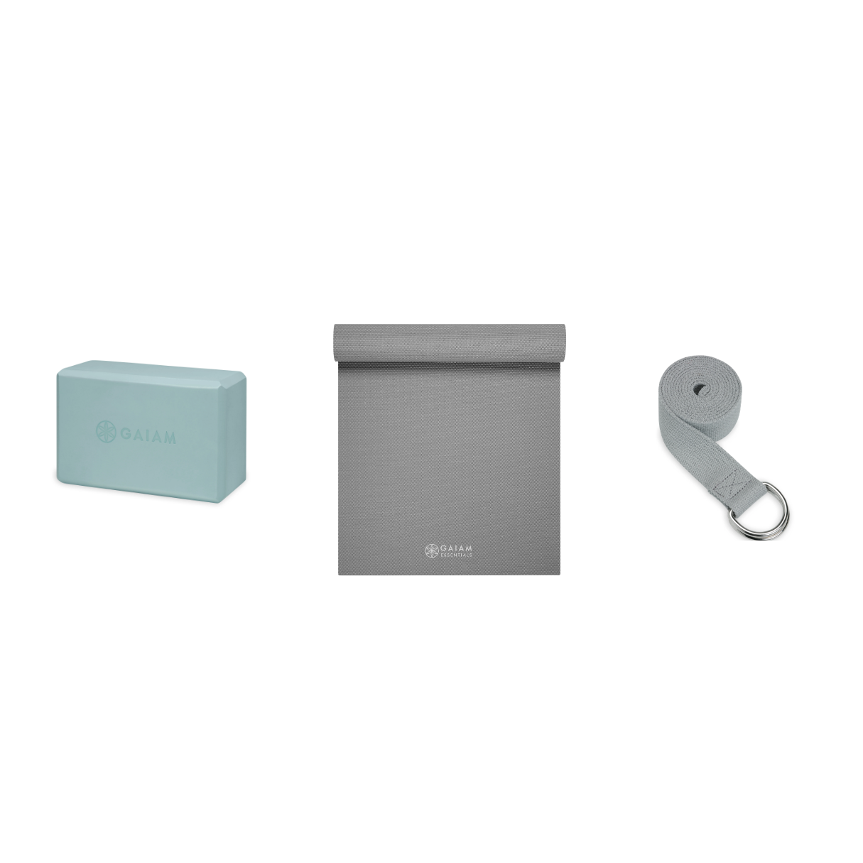 Yoga Bundle - Block (Morning Dew), Mat (Grey), Strap (Grey)