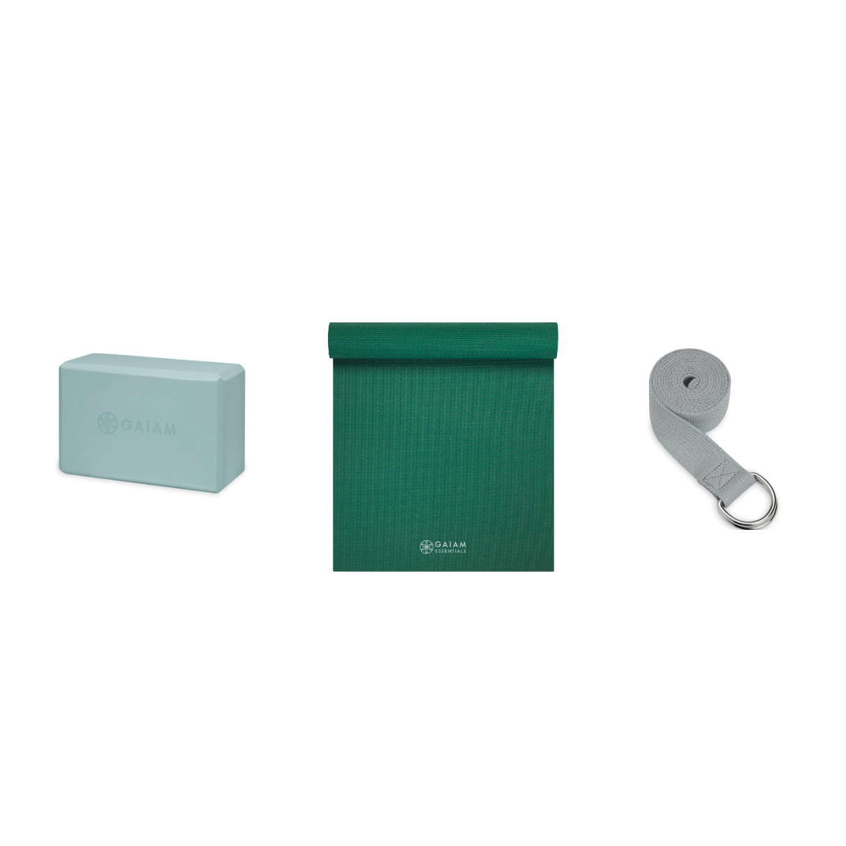 Yoga Bundle - Block (Morning Dew), Mat (Green), Strap (Grey)